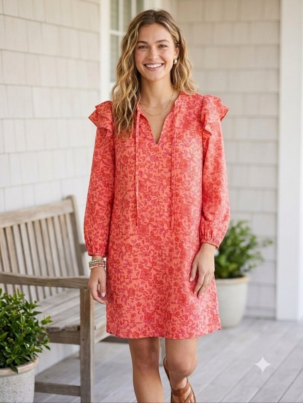 Vineyard Vines Women's Size L Coral Pink Helenium Floral Silk Blend Tunic Dress
